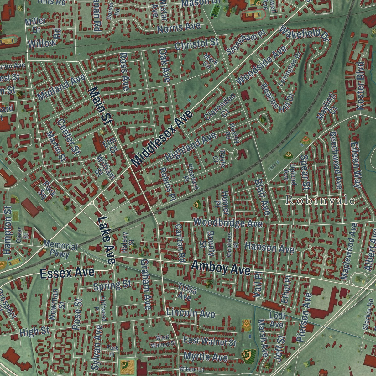 Second close-up of the map of Oak Tree, New Jersey print showing more streets and buildings
