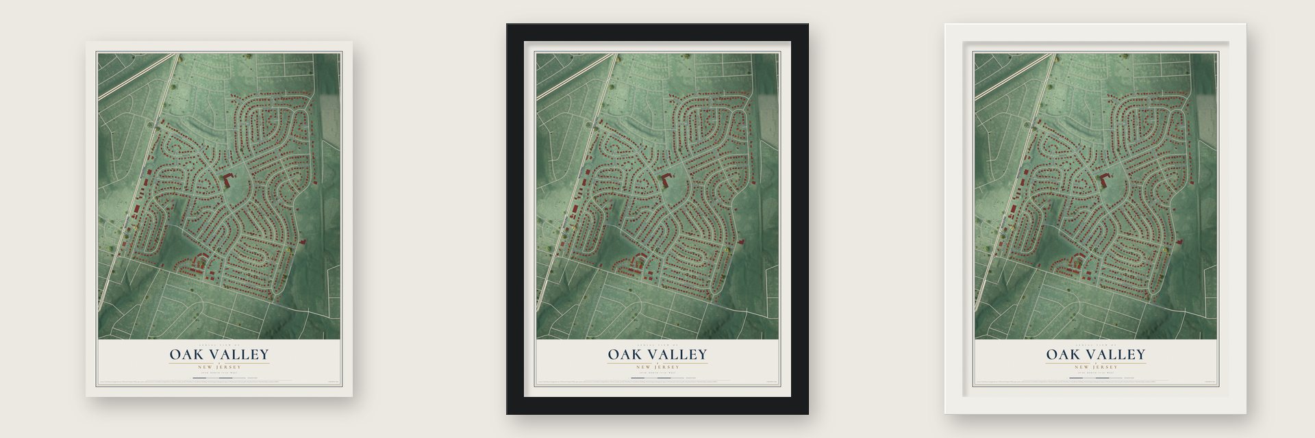 Oak Valley, New Jersey map unframed, in a black wood frame and in a white wood frame