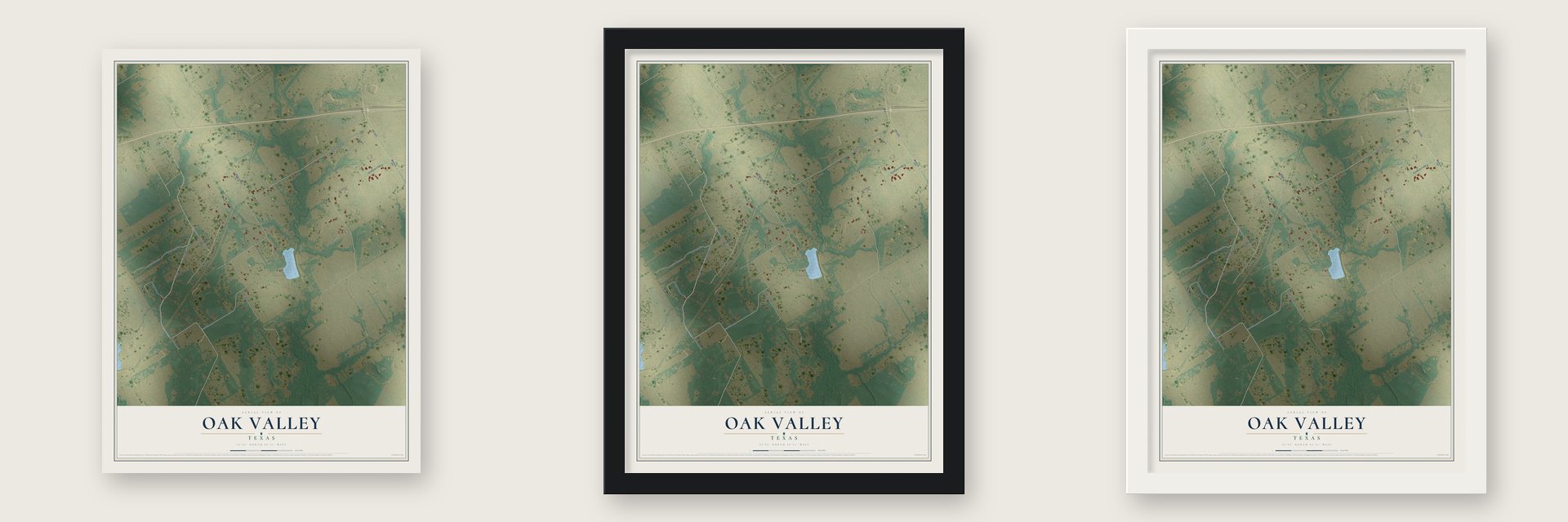 Oak Valley, Texas map unframed, in a black wood frame and in a white wood frame