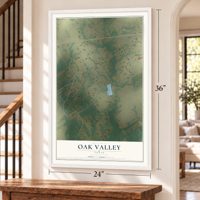 Oak Valley, Texas map, 24 x 36 inch print in a white frame by a staircase