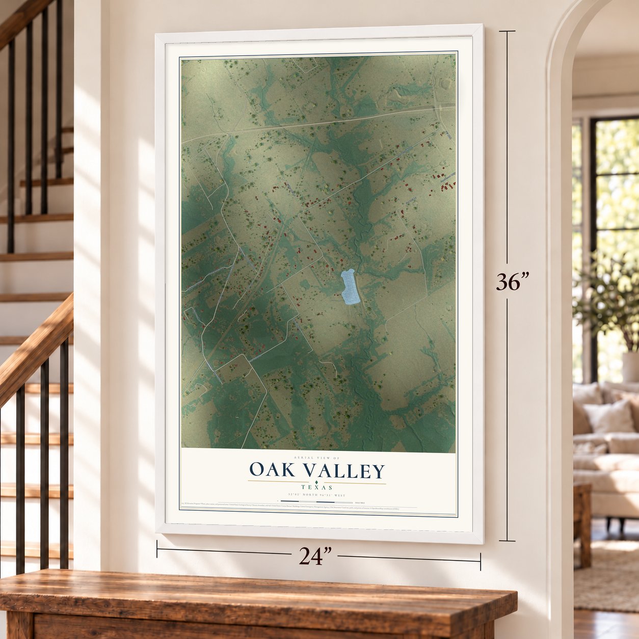 Oak Valley, Texas map, 24 x 36 inch print in a white frame by a staircase