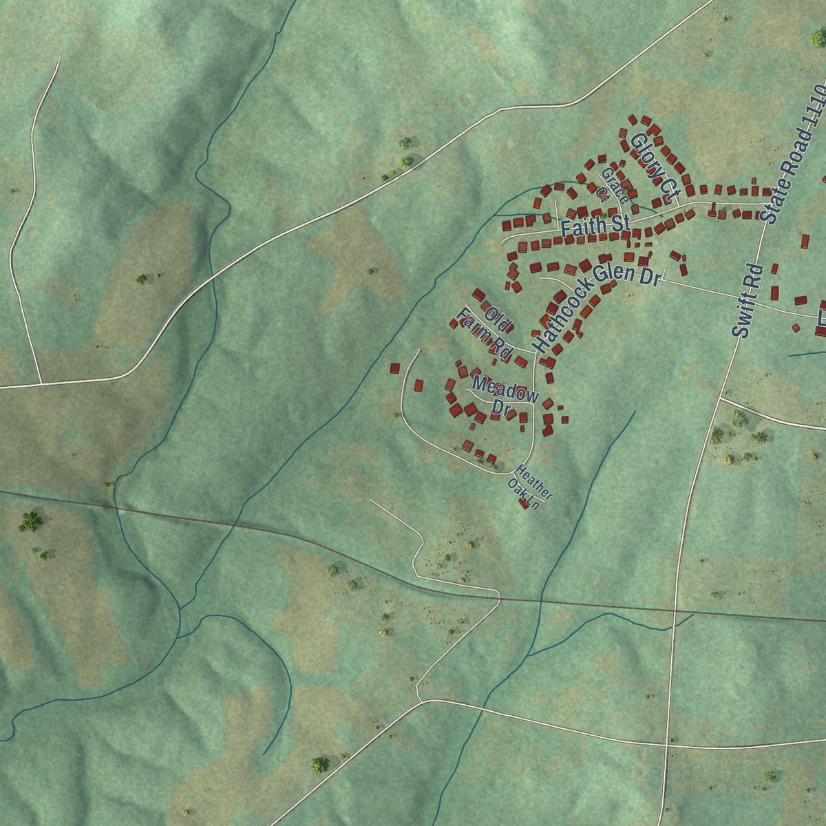 Second close-up of the map of Oakboro, North Carolina print showing more streets and buildings