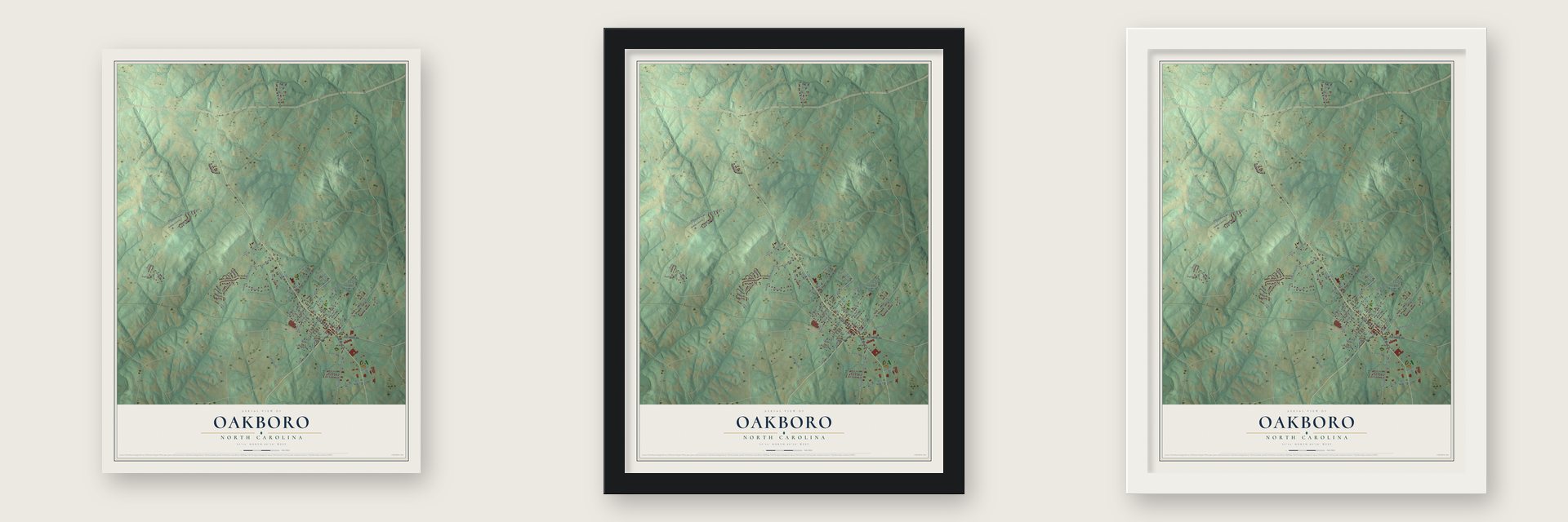 Oakboro, North Carolina map unframed, in a black wood frame and in a white wood frame
