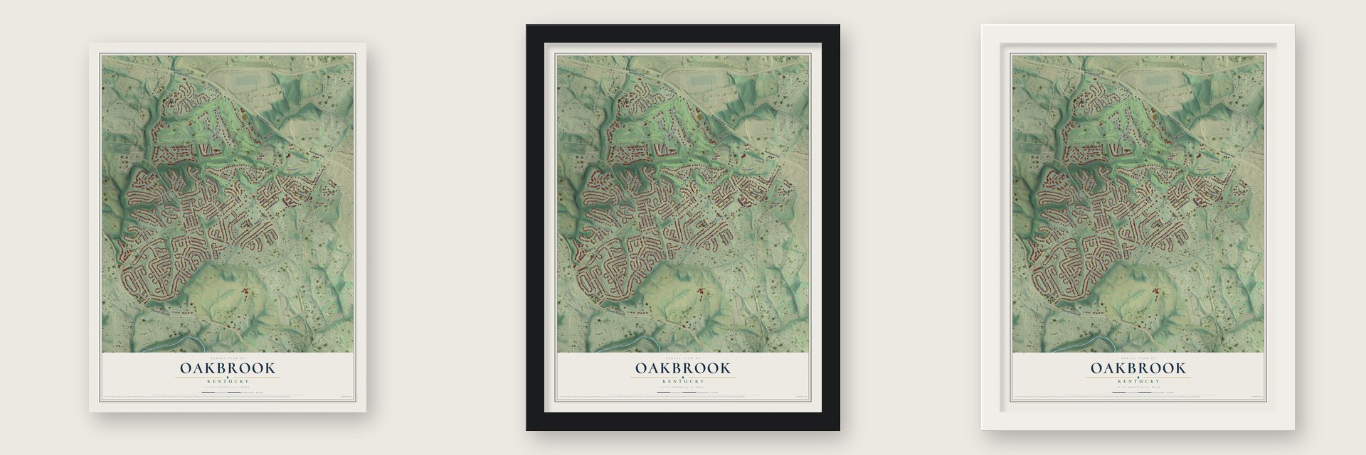 Oakbrook, Kentucky map unframed, in a black wood frame and in a white wood frame