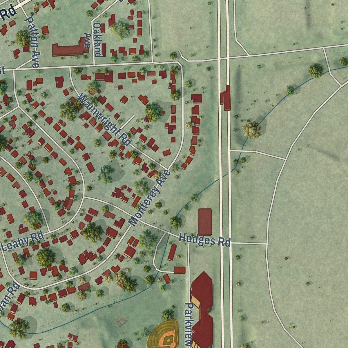 Second close-up of the map of Oakbrook Terrace, Illinois print showing more streets and buildings