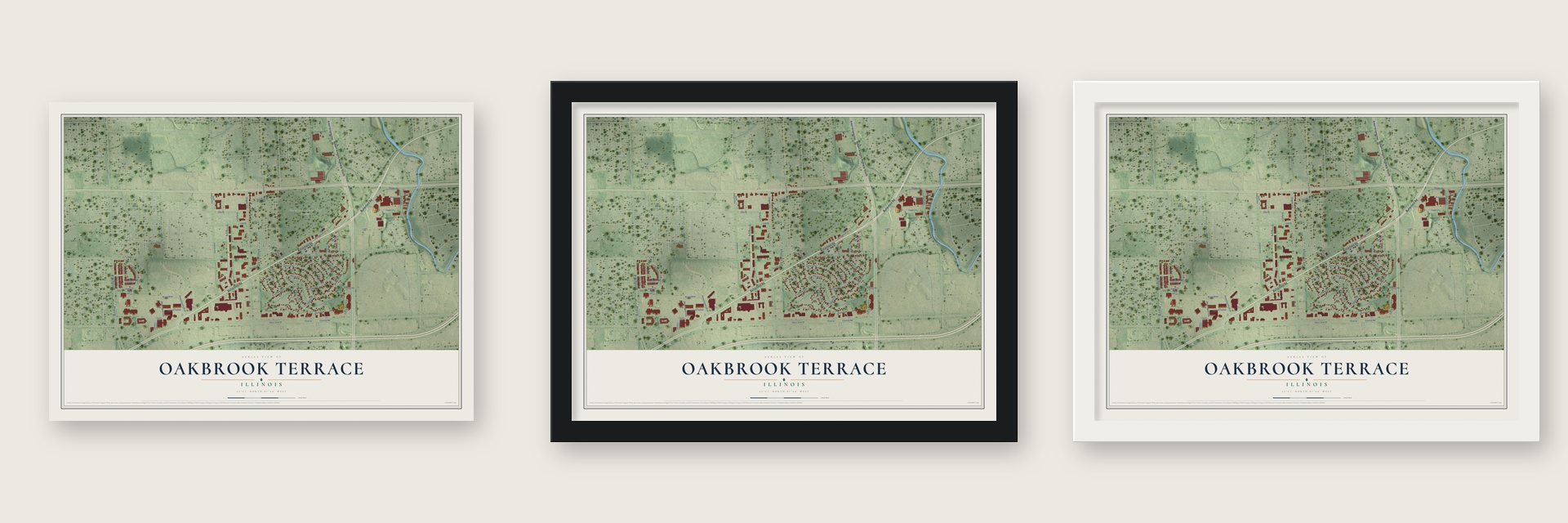 Oakbrook Terrace, Illinois map unframed, in a black wood frame and in a white wood frame