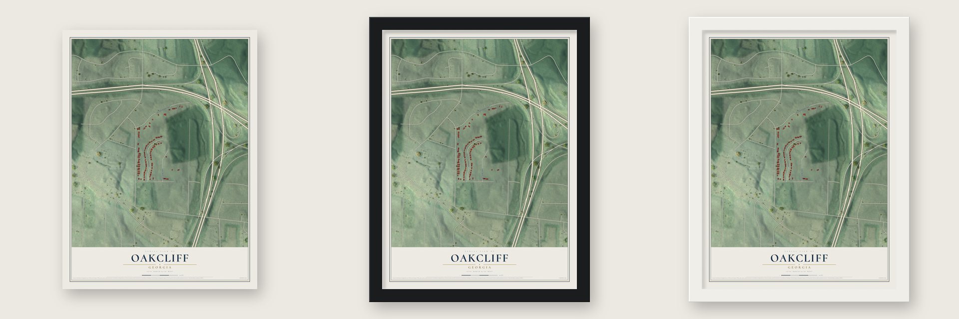 Oakcliff, Georgia map unframed, in a black wood frame and in a white wood frame