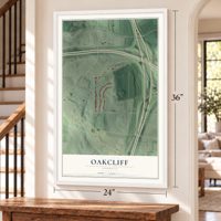 Oakcliff, Georgia map, 24 x 36 inch print in a white frame by a staircase