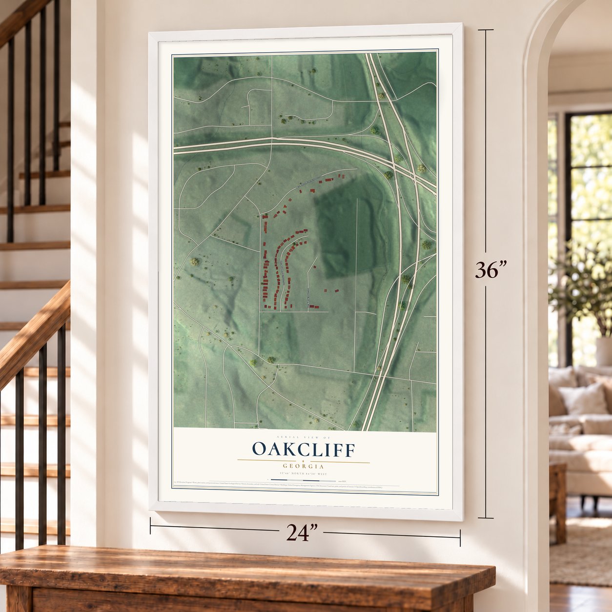 Oakcliff, Georgia map, 24 x 36 inch print in a white frame by a staircase