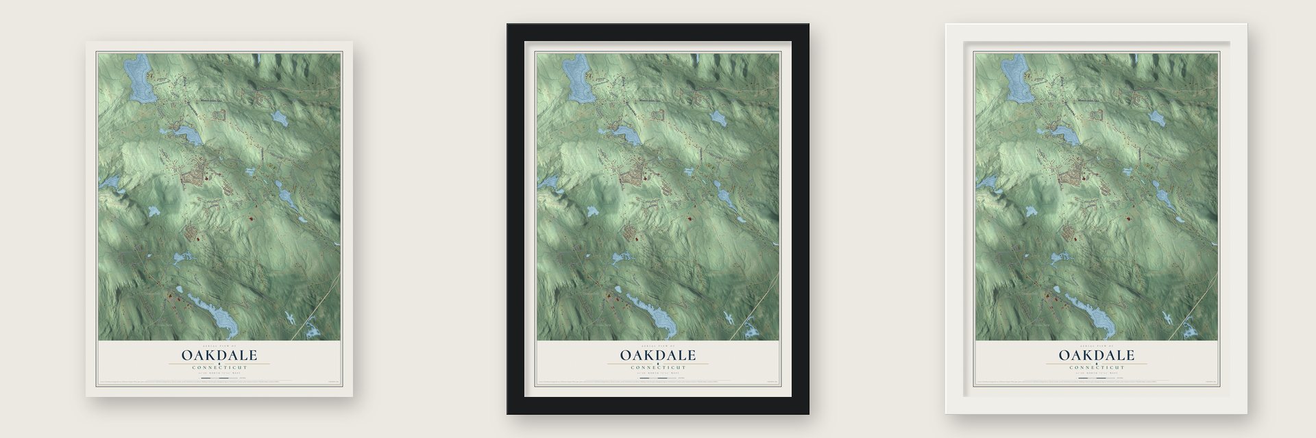 Oakdale, Connecticut map unframed, in a black wood frame and in a white wood frame