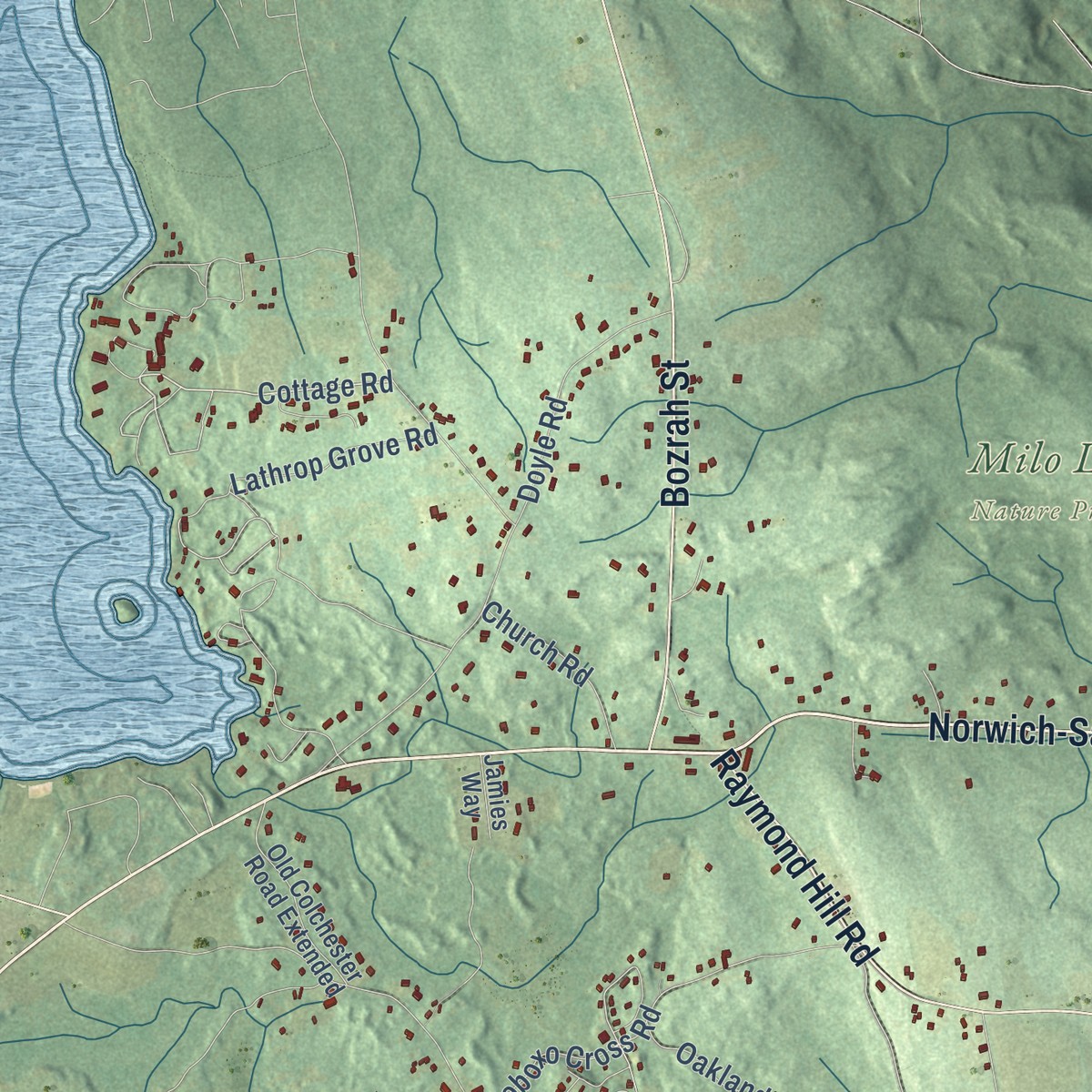 Second close-up of the map of Oakdale, Connecticut print showing more streets and buildings