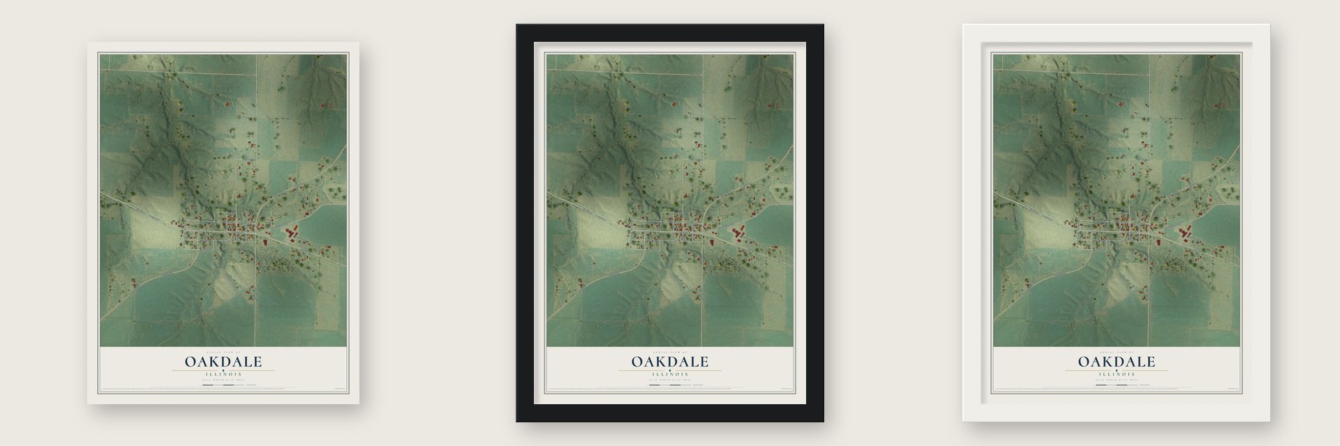 Oakdale, Illinois map unframed, in a black wood frame and in a white wood frame