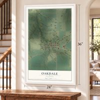 Oakdale, Illinois map, 24 x 36 inch print in a white frame by a staircase