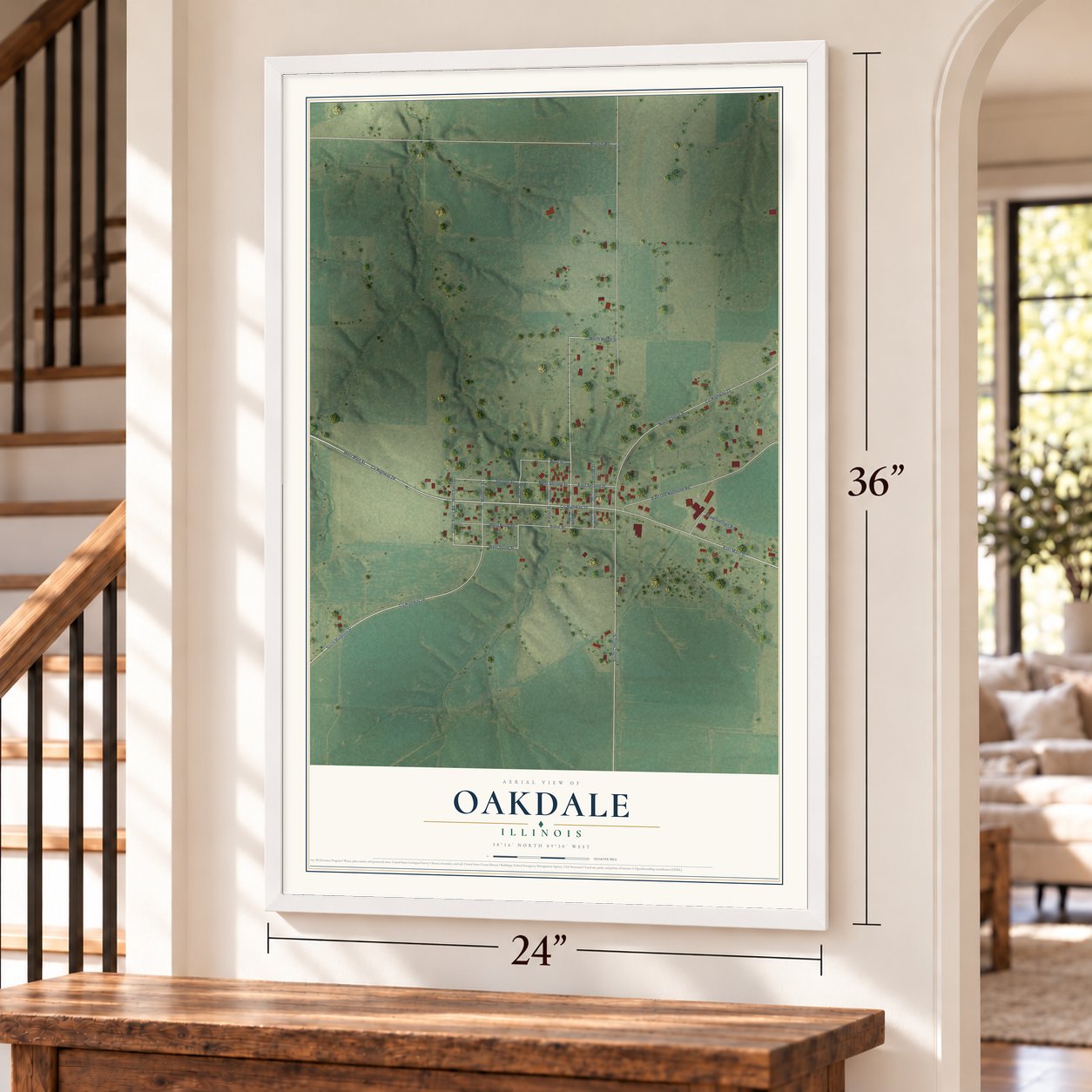 Oakdale, Illinois map, 24 x 36 inch print in a white frame by a staircase