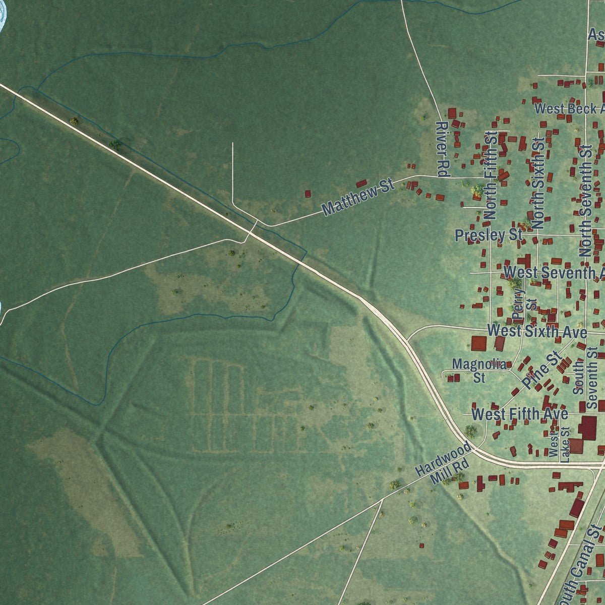 Second close-up of the map of Oakdale, Louisiana print showing more streets and buildings