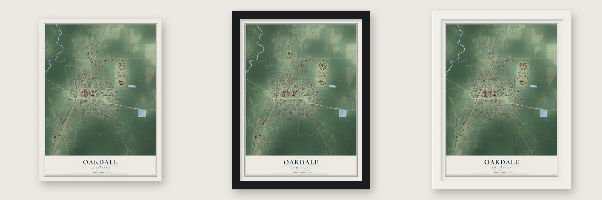 Oakdale, Louisiana map unframed, in a black wood frame and in a white wood frame