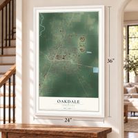 Oakdale, Louisiana map, 24 x 36 inch print in a white frame by a staircase