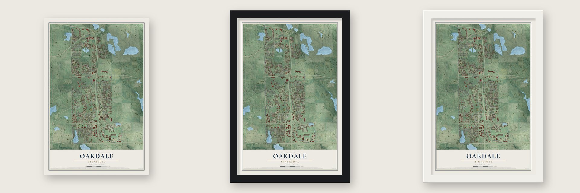 Oakdale, Minnesota map unframed, in a black wood frame and in a white wood frame