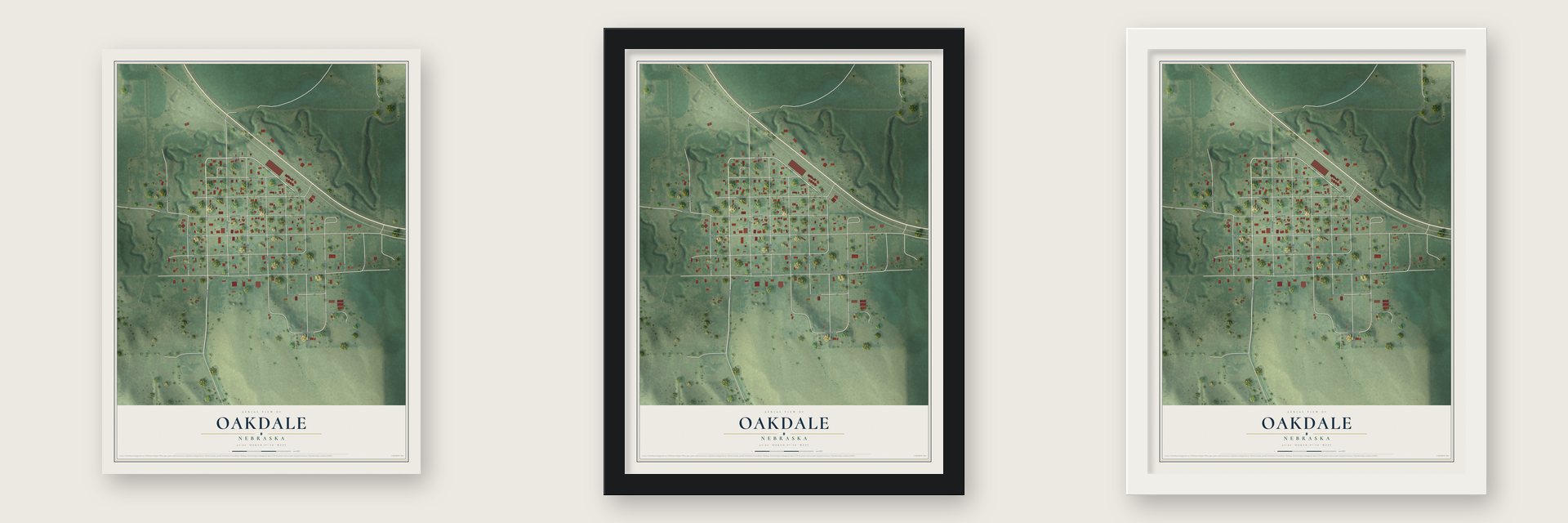 Oakdale, Nebraska map unframed, in a black wood frame and in a white wood frame
