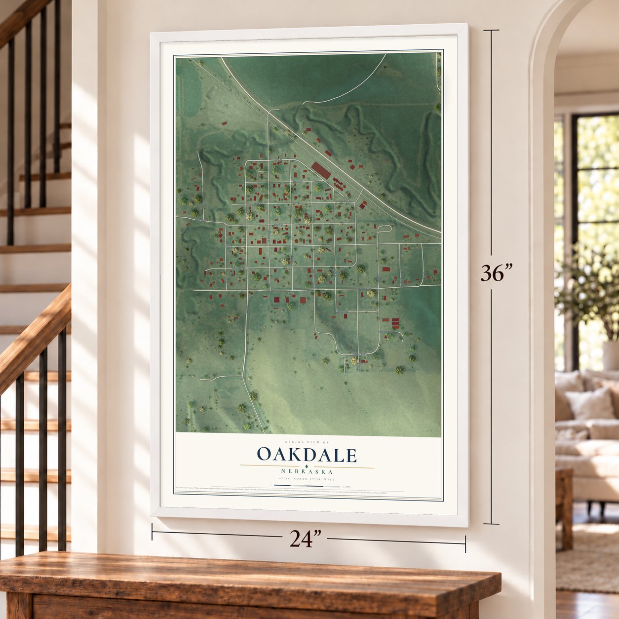 Oakdale, Nebraska map, 24 x 36 inch print in a white frame by a staircase