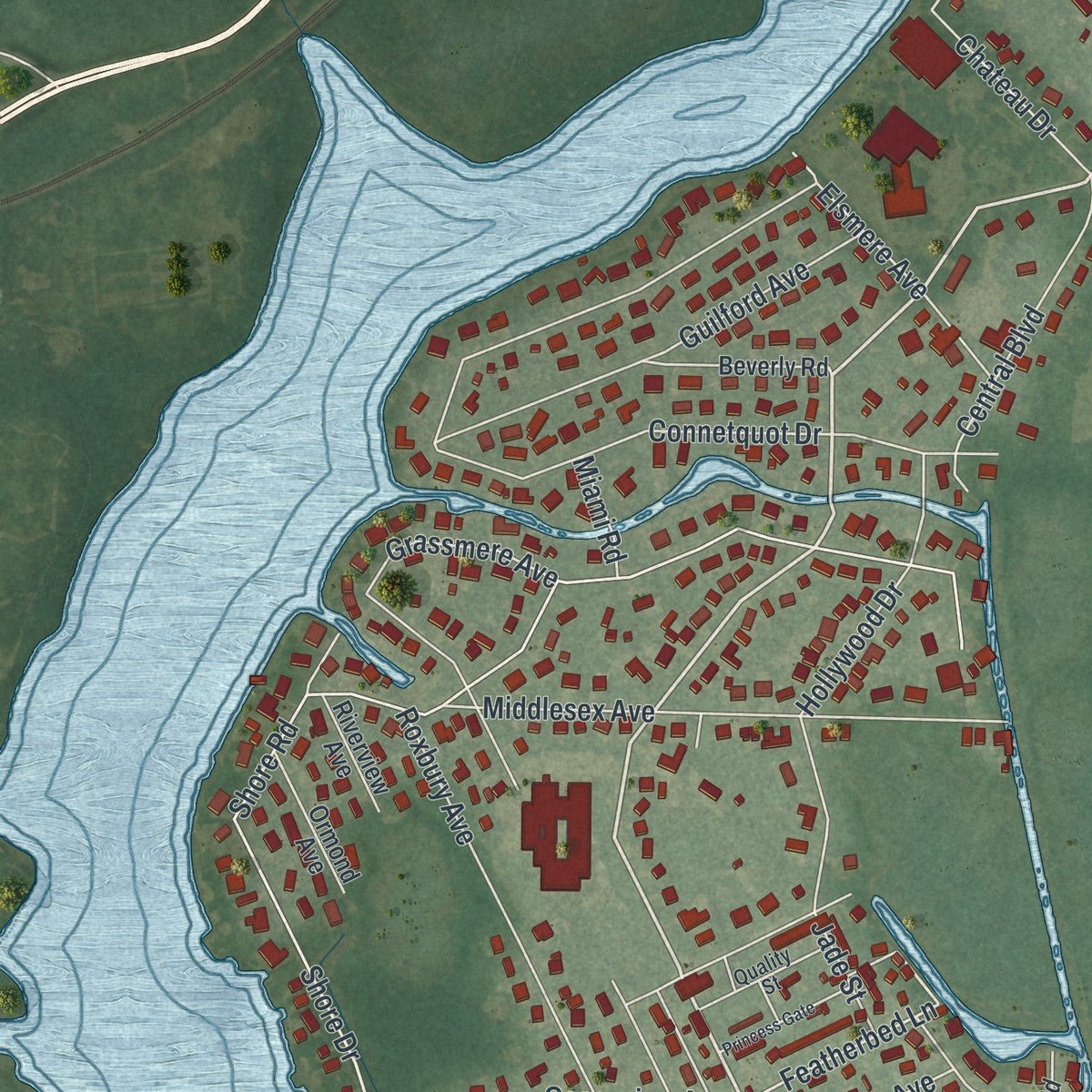 Second close-up of the map of Oakdale, New York print showing more streets and buildings