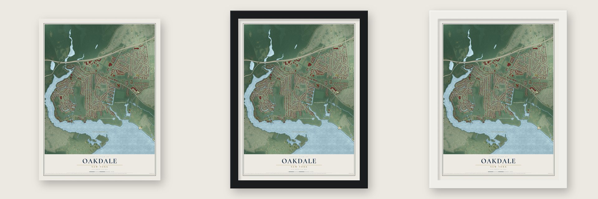 Oakdale, New York map unframed, in a black wood frame and in a white wood frame