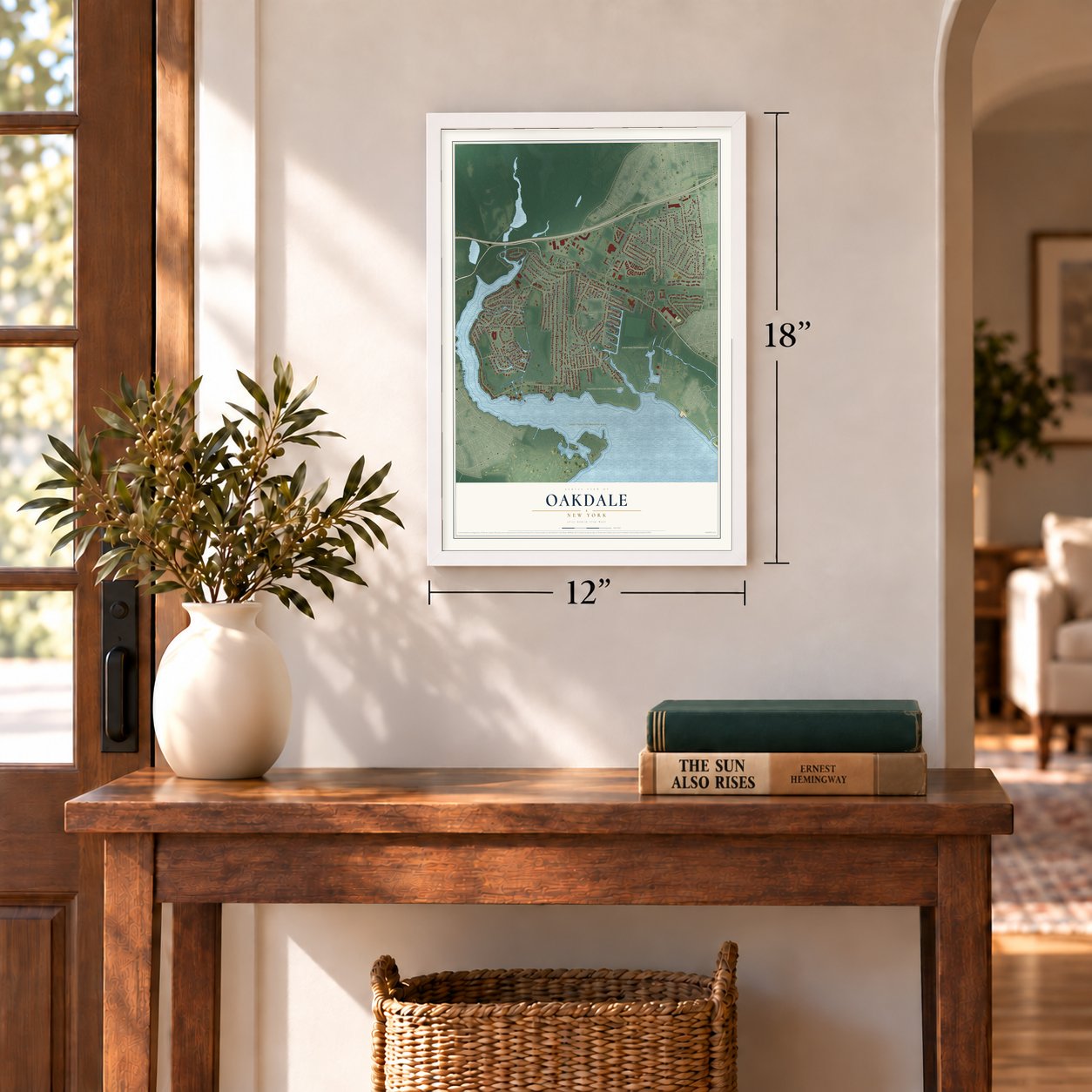 Oakdale, New York map, 12 x 18 inch print in a white frame in an entryway