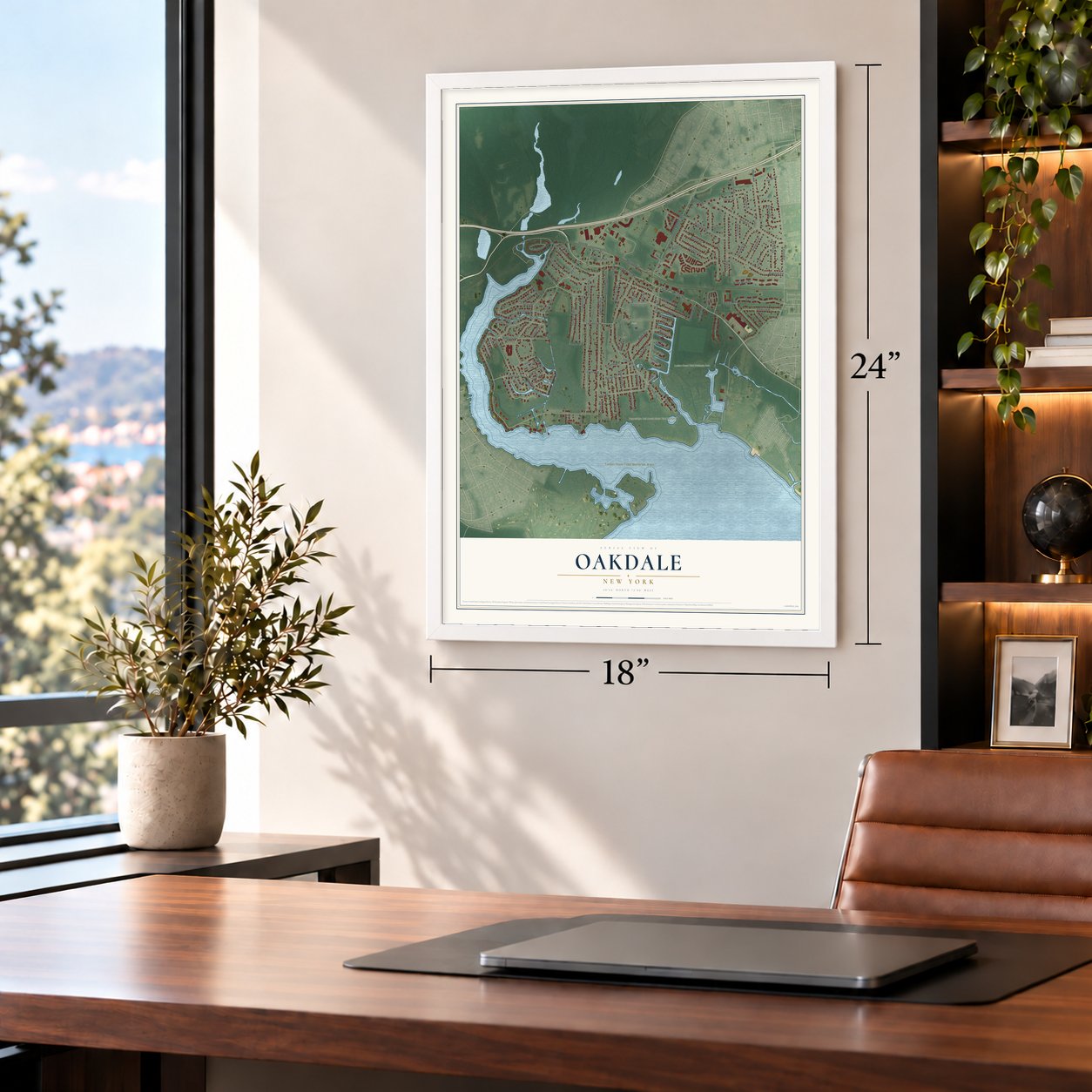 Oakdale, New York map, 18 x 24 inch print in a white frame in a home office