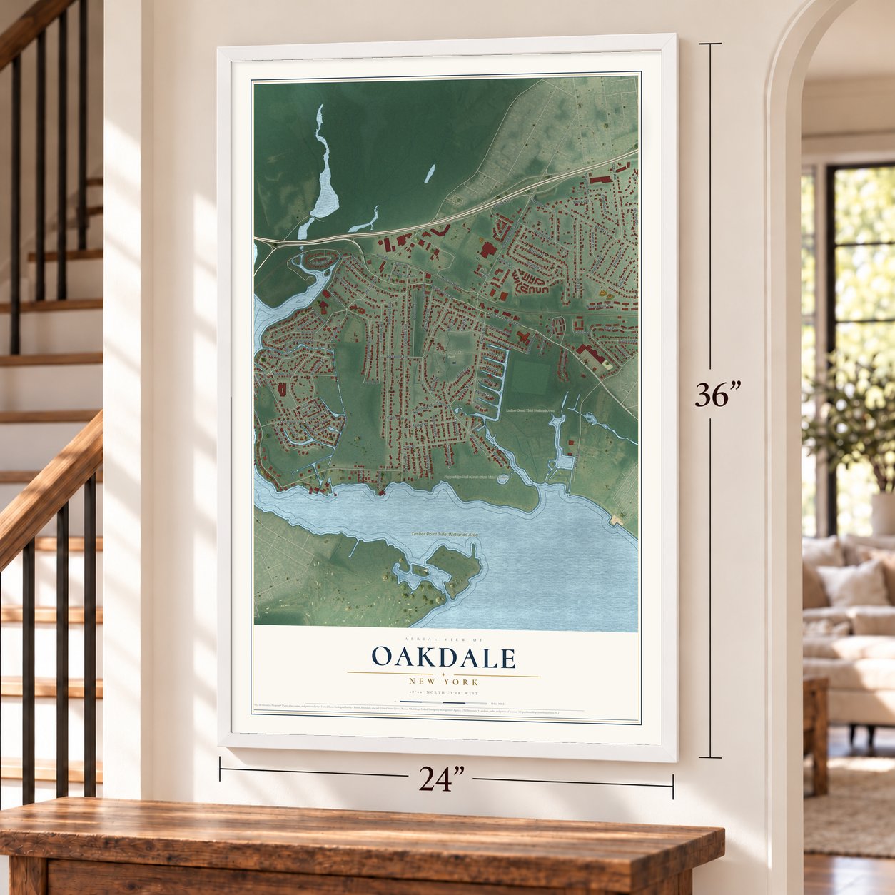 Oakdale, New York map, 24 x 36 inch print in a white frame by a staircase