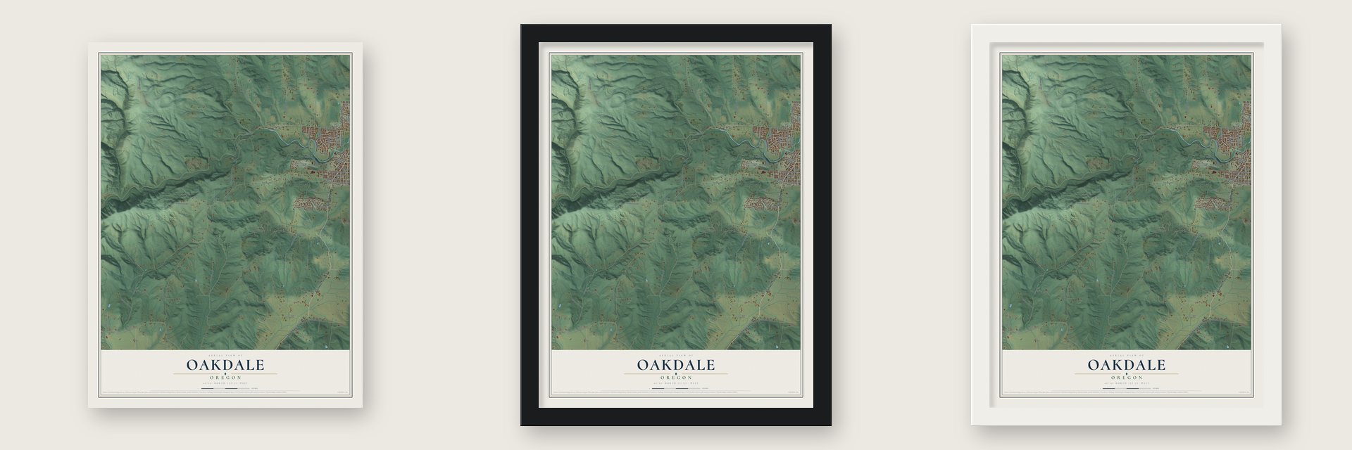 Oakdale, Oregon map unframed, in a black wood frame and in a white wood frame
