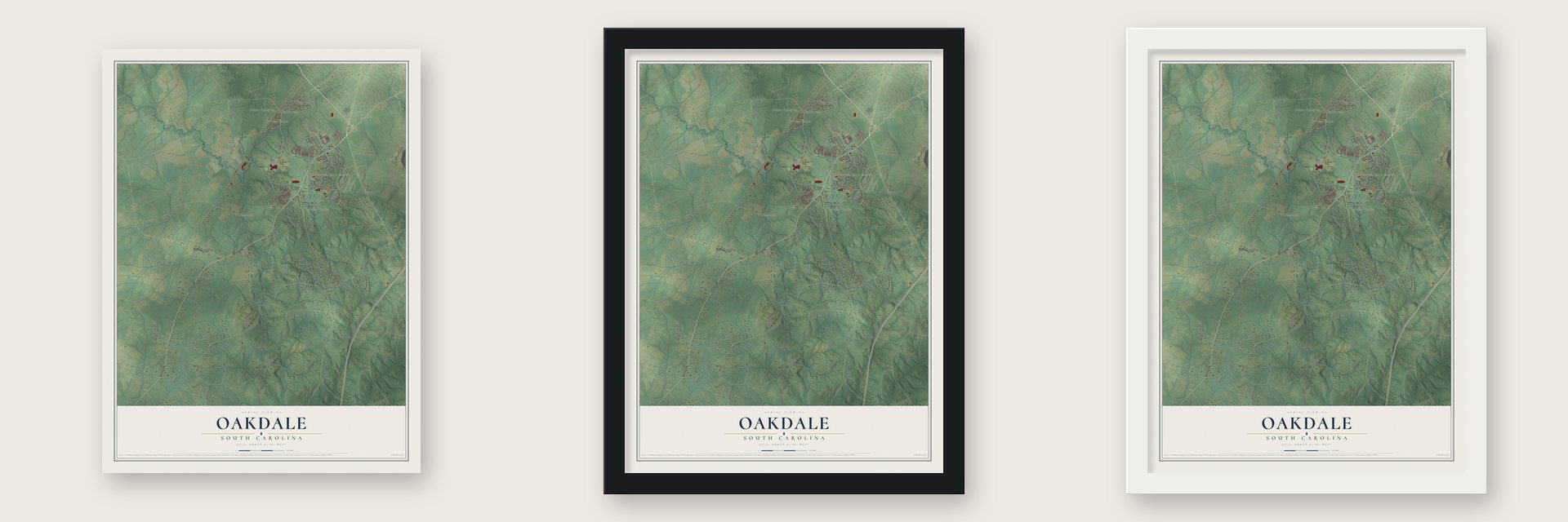Oakdale, South Carolina map unframed, in a black wood frame and in a white wood frame