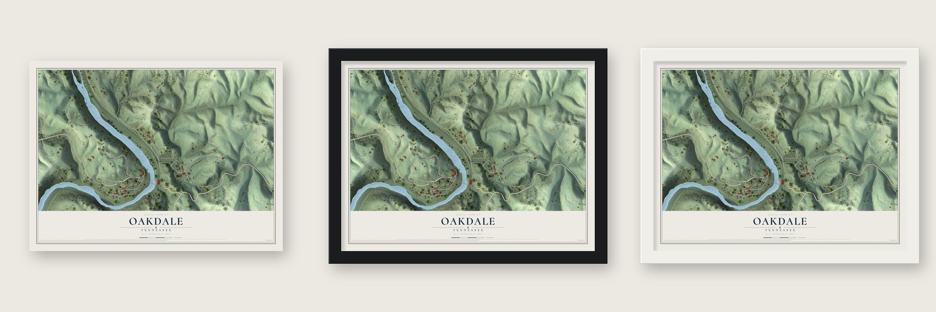 Oakdale, Tennessee map unframed, in a black wood frame and in a white wood frame