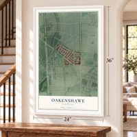Oakenshawe, Maryland map, 24 x 36 inch print in a white frame by a staircase