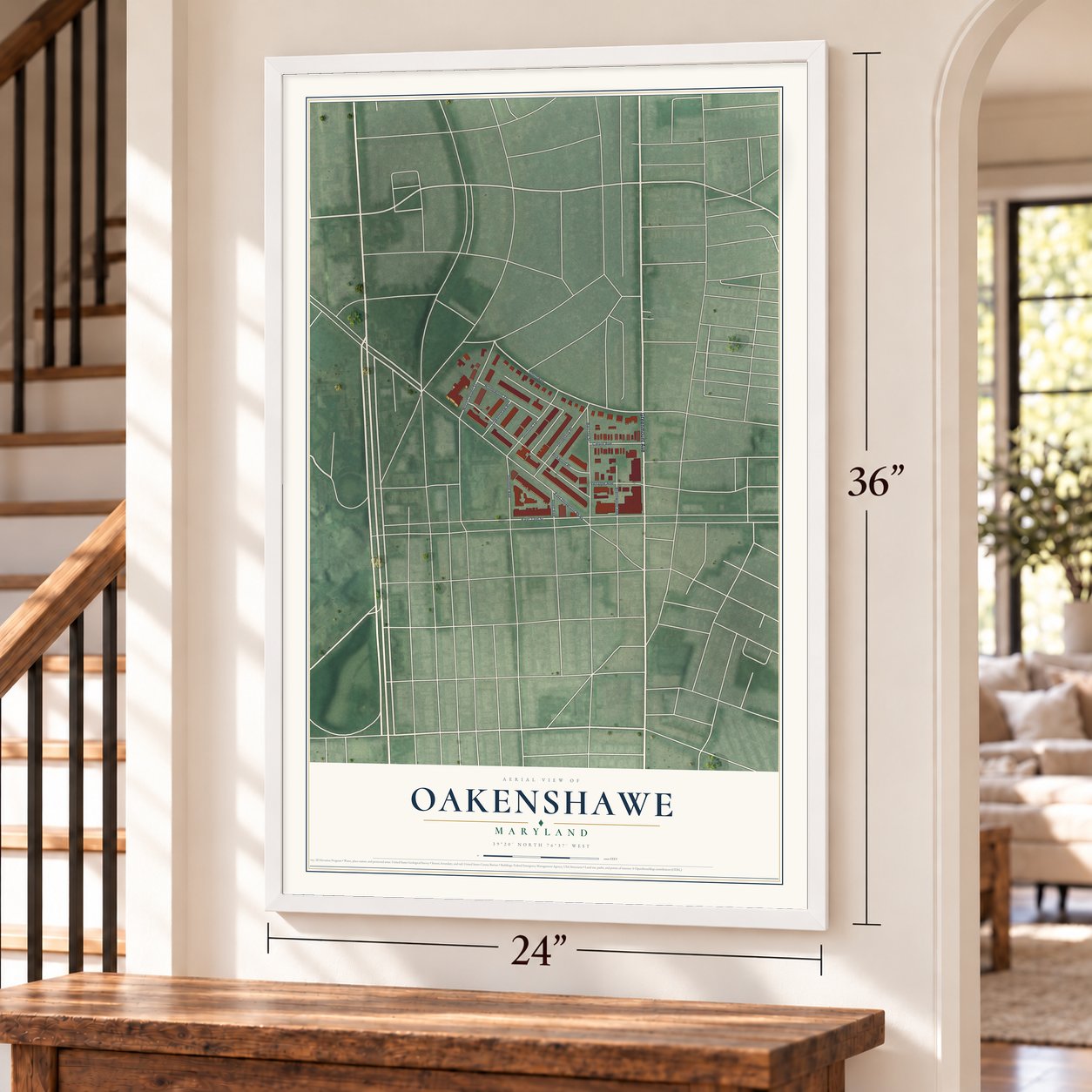 Oakenshawe, Maryland map, 24 x 36 inch print in a white frame by a staircase