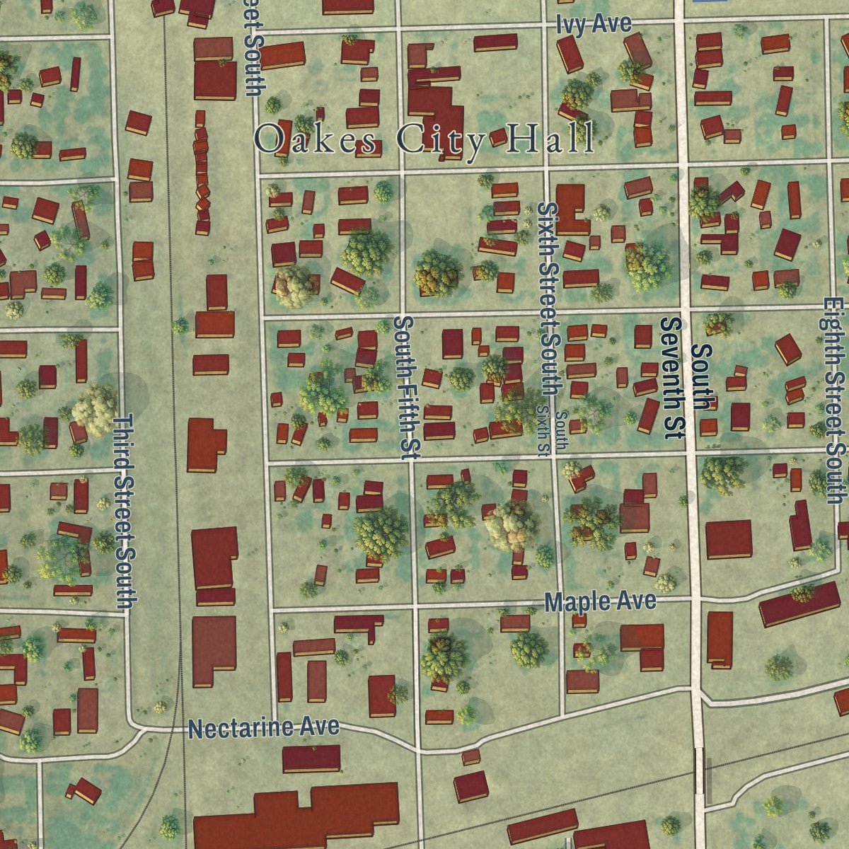 Second close-up of the map of Oakes, North Dakota print showing more streets and buildings