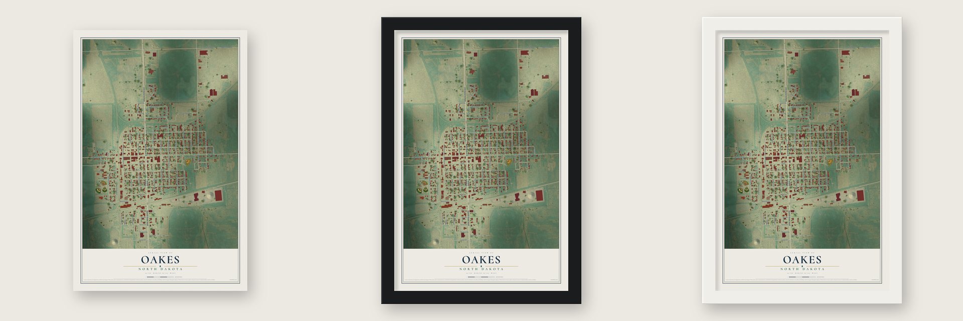 Oakes, North Dakota map unframed, in a black wood frame and in a white wood frame