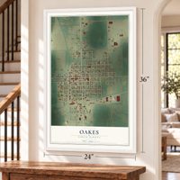 Oakes, North Dakota map, 24 x 36 inch print in a white frame by a staircase