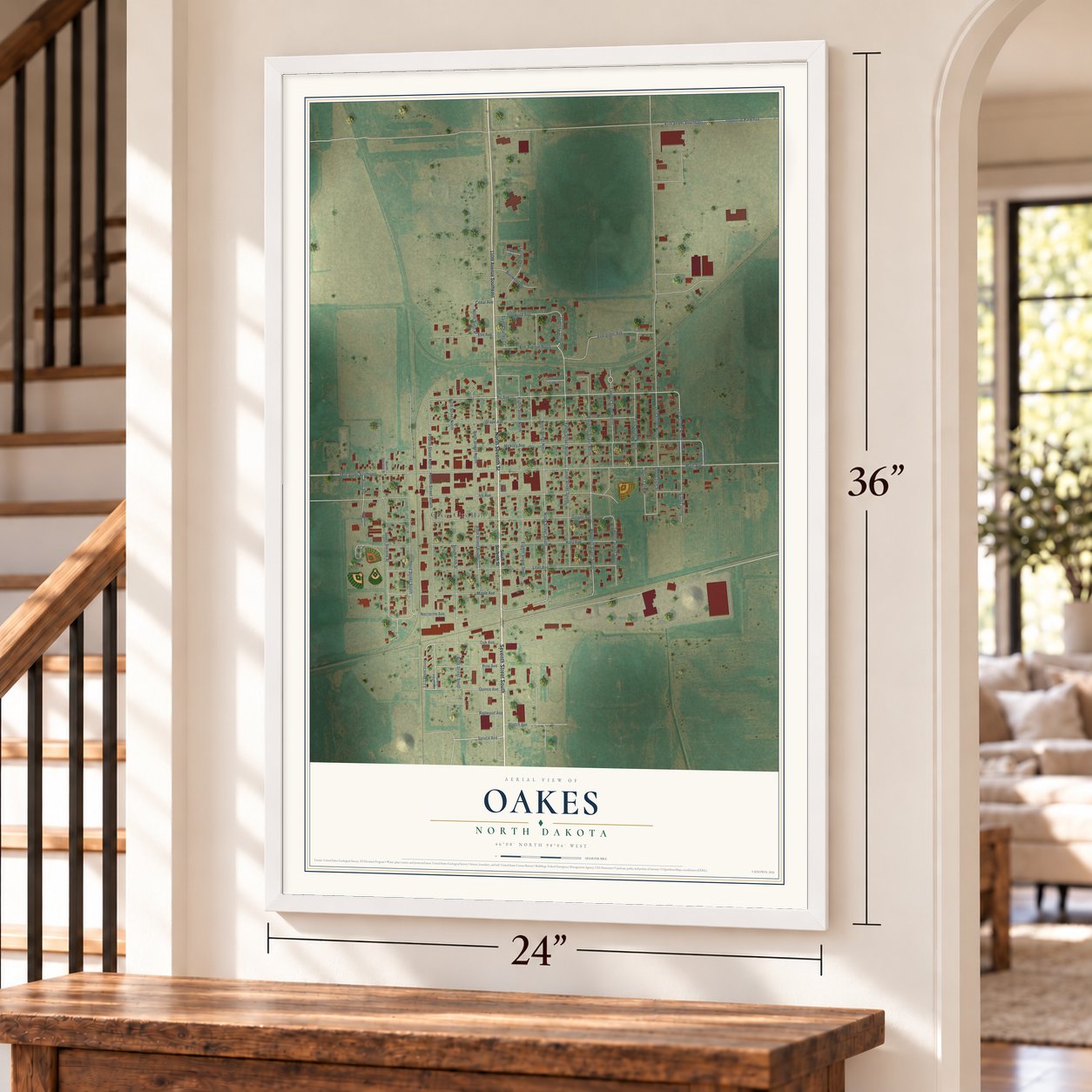 Oakes, North Dakota map, 24 x 36 inch print in a white frame by a staircase