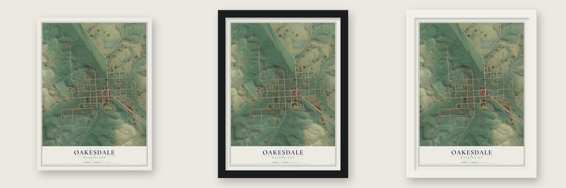 Oakesdale, Washington map unframed, in a black wood frame and in a white wood frame