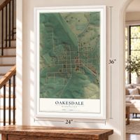 Oakesdale, Washington map, 24 x 36 inch print in a white frame by a staircase