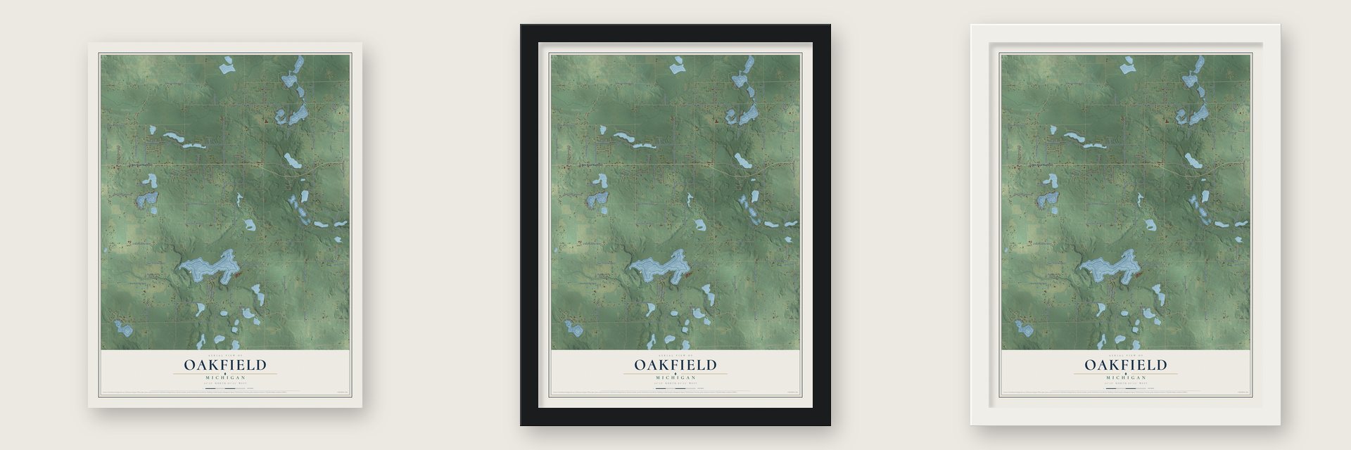 Oakfield, Michigan map unframed, in a black wood frame and in a white wood frame