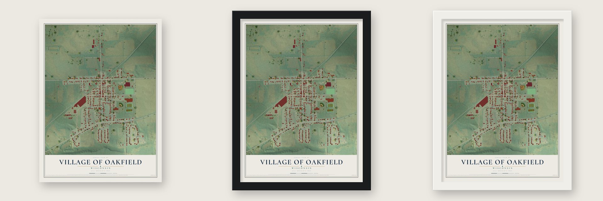 Oakfield, Wisconsin map unframed, in a black wood frame and in a white wood frame