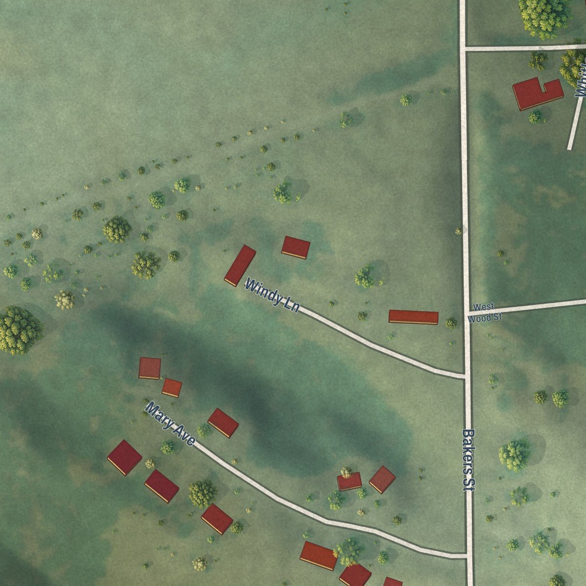Second close-up of the map of Oakford, Illinois print showing more streets and buildings