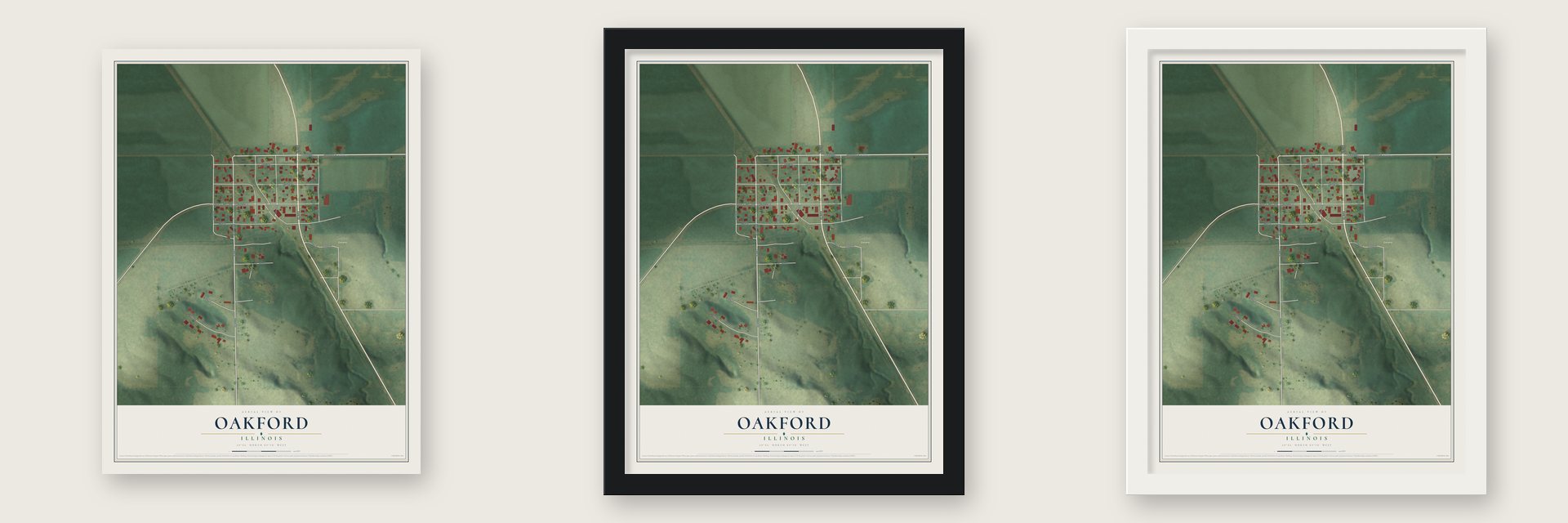 Oakford, Illinois map unframed, in a black wood frame and in a white wood frame
