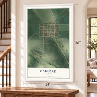 Oakford, Illinois map, 24 x 36 inch print in a white frame by a staircase