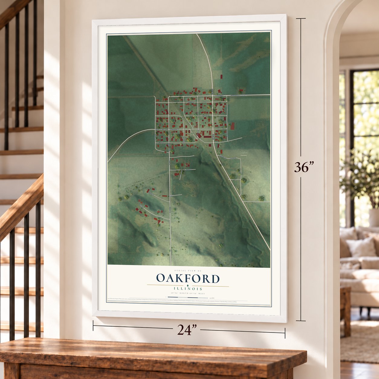 Oakford, Illinois map, 24 x 36 inch print in a white frame by a staircase