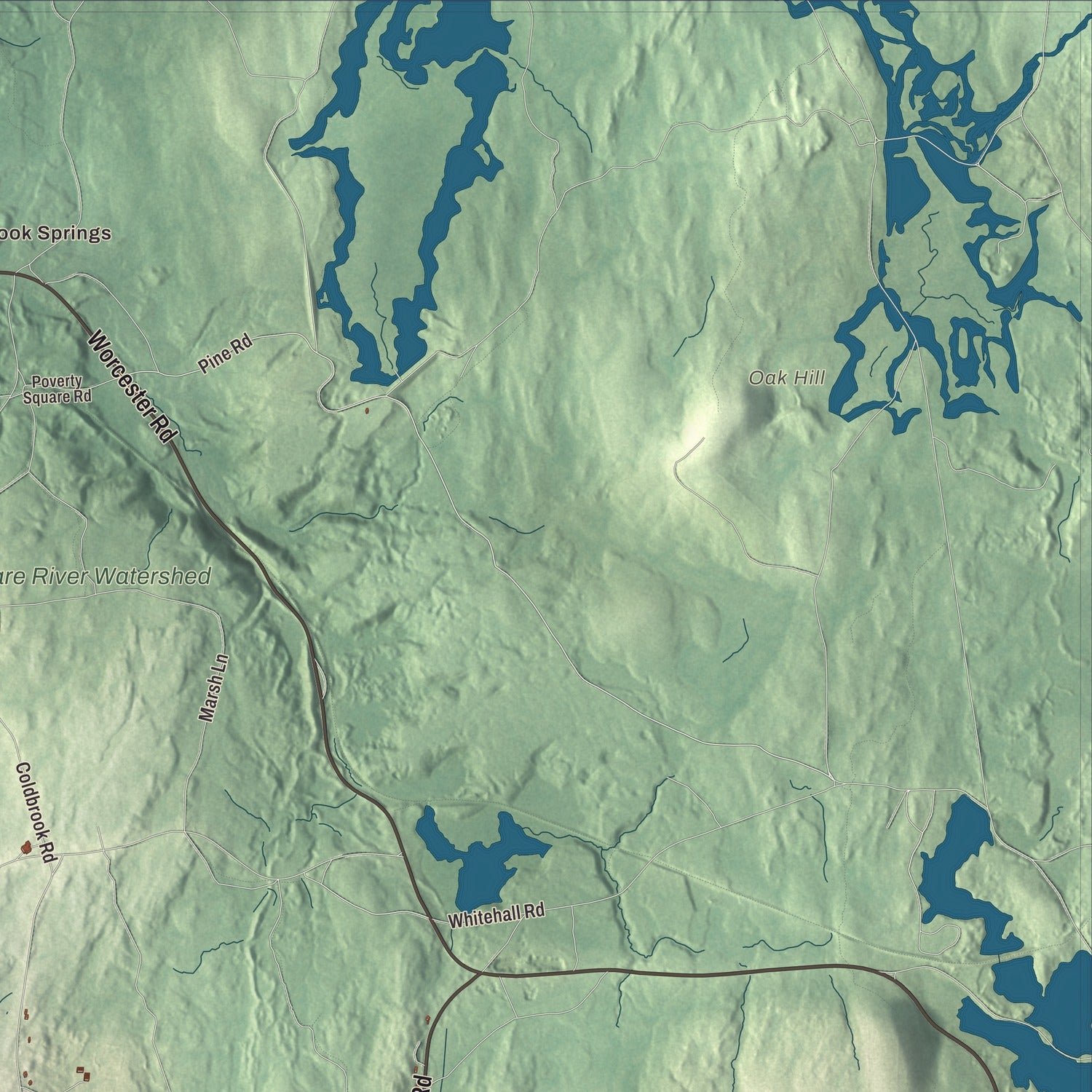 Close-up of the map of Oakham, Massachusetts print showing terrain and local geography