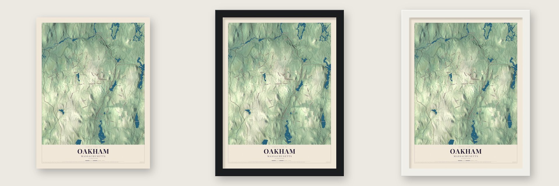Oakham, Massachusetts map unframed, in a black wood frame and in a white wood frame