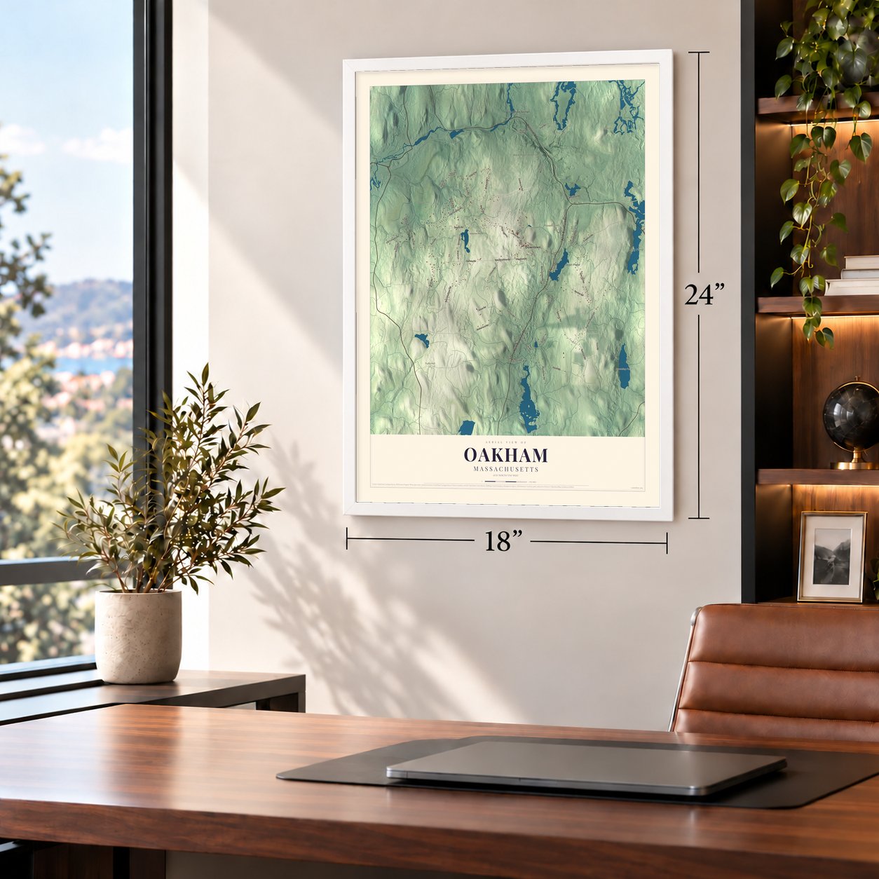 Oakham, Massachusetts map, 18 x 24 inch print in a white frame in a home office