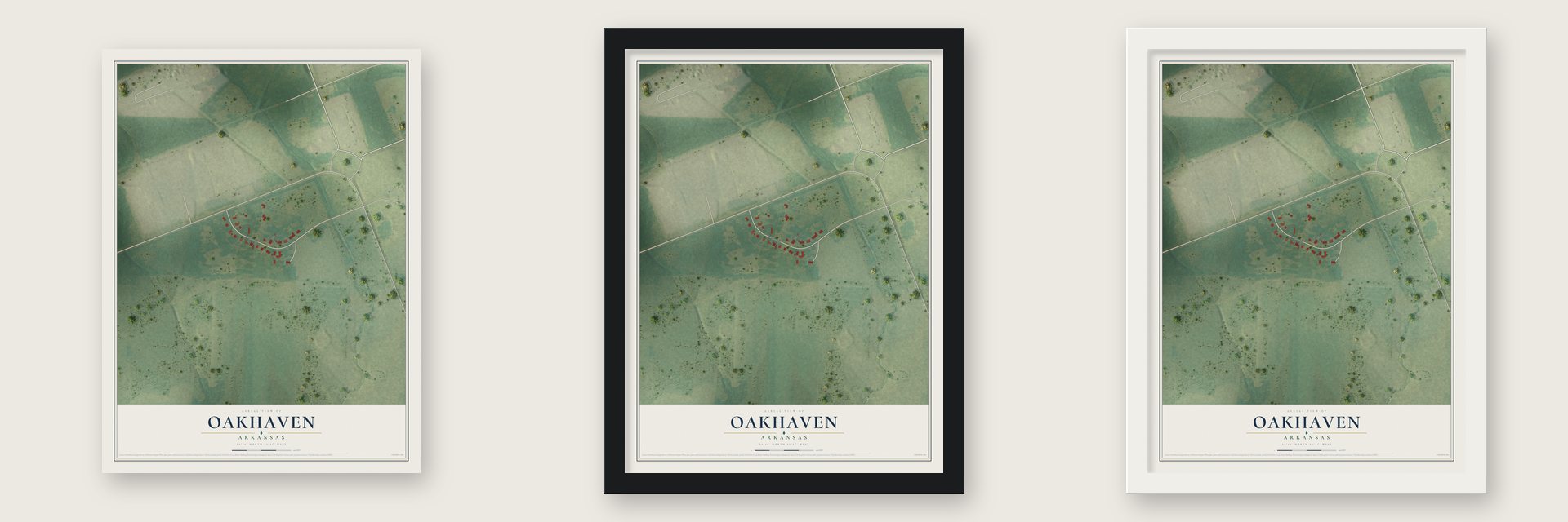 Oakhaven, Arkansas map unframed, in a black wood frame and in a white wood frame